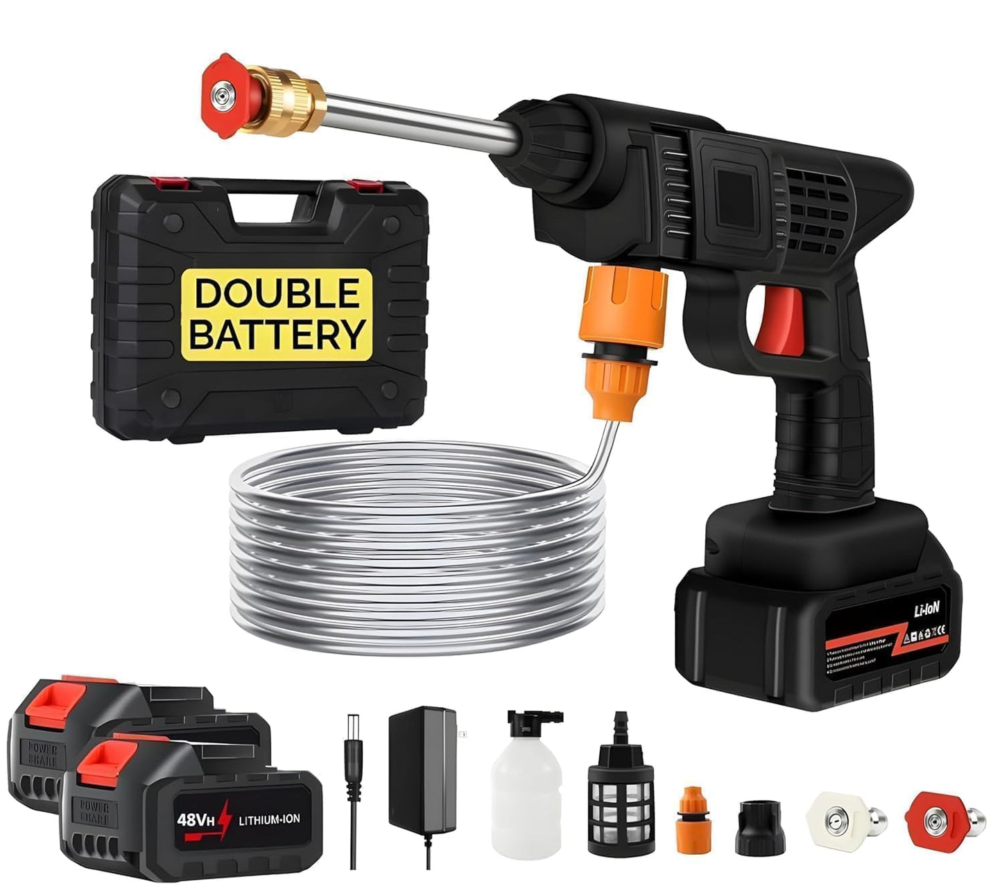 48V Cordless High Pressure Washer Gun – Portable 12000mAh Wireless Power Cleaner with Adjustable Nozzle, 5M Hose, Double Battery – Ideal for Car, Bike, Home & Outdoor Cleaning