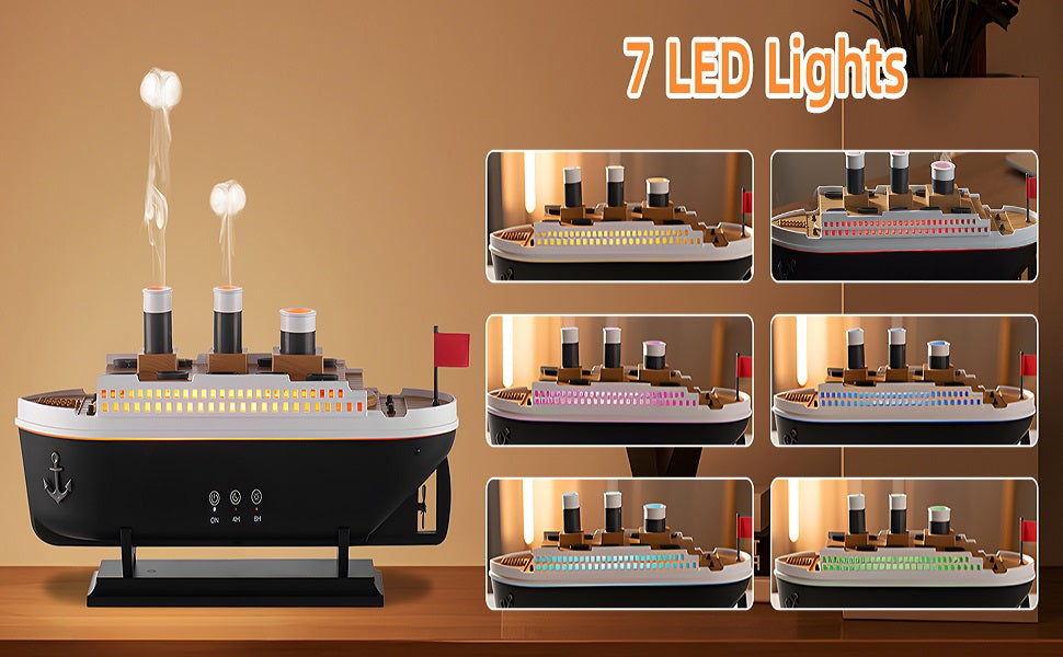 Titanic Ship Shape Essential Oil Diffuser & Humidifier - Jellyfish Smoke Ring Spray, LED Lights, Remote Control, Aromatherapy for Office